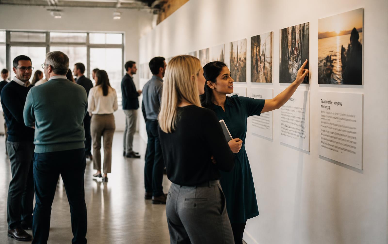 Gallery walk: geprinte teamfoto’s en korte statements op witte wanden, met collega’s die erbij staan, wijzen en erover praten.