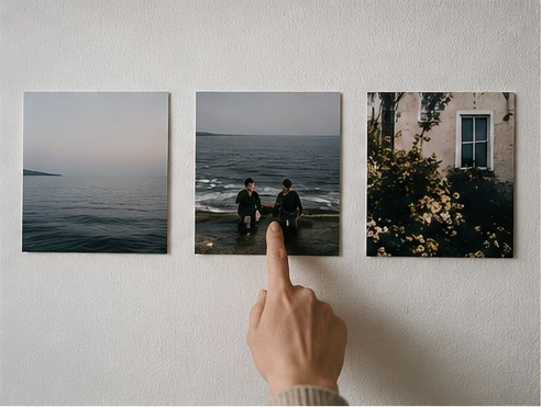 Handen rond een tafel die naar de geprinte foto’s wijzen, als gedeelde referentie voor het gesprek.